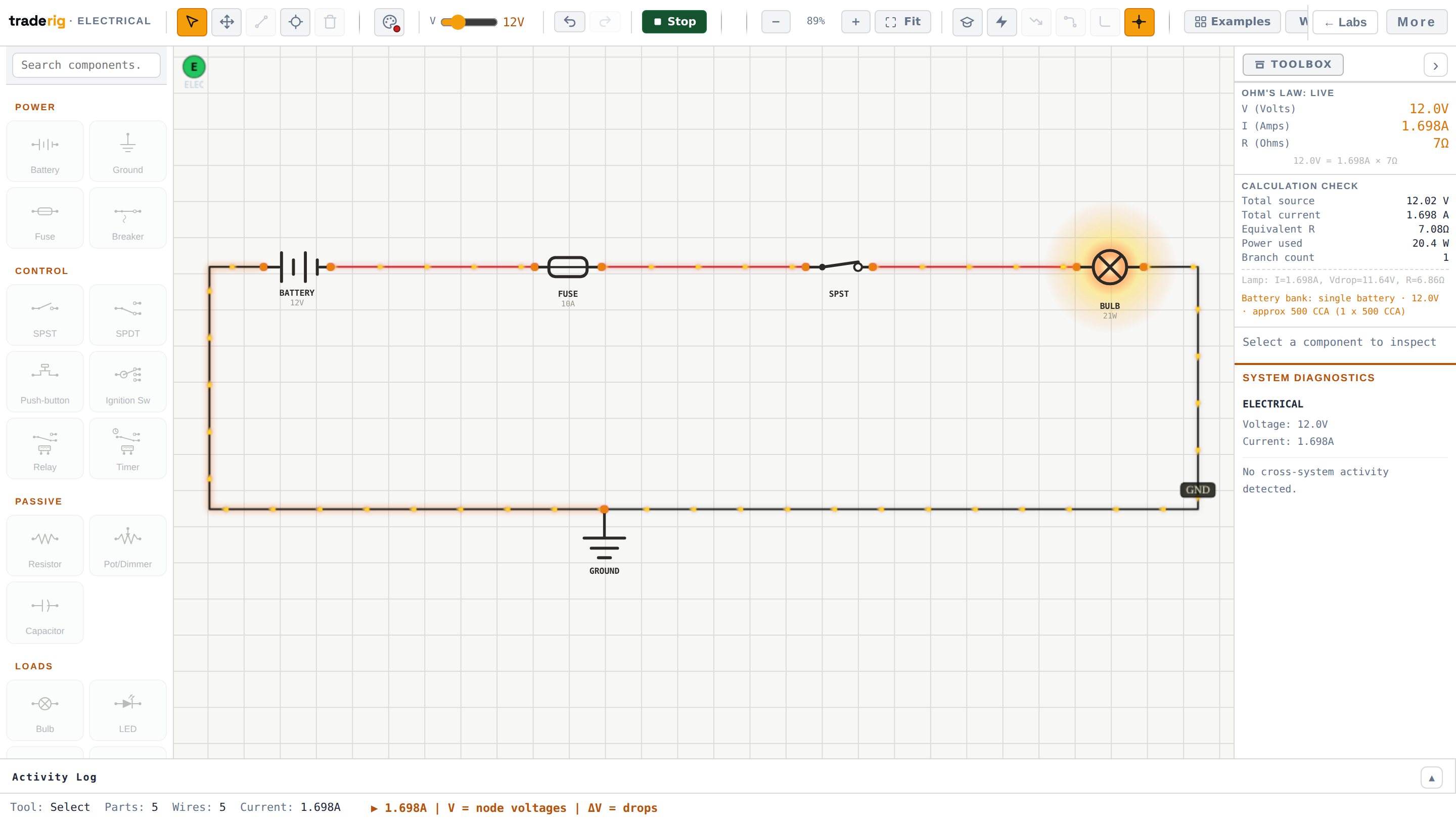 The Electrical Diagnostics Lab running a live 12V work-light circuit, with the component palette on the left and the live Ohm&rsquo;s Law and calculation panels on the right
